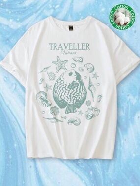 SHEIN QUTIE White Short-Sleeve Tee with Sea Life Graphic